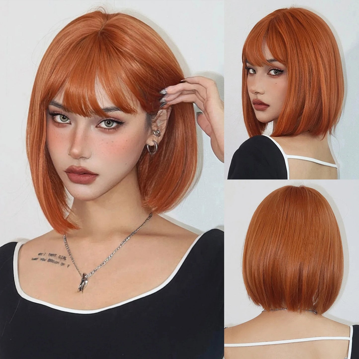 Short Straight Bob Synthetic Wigs Pink Natural Hair Wig with Bangs for Women Cosplay Cute Wig Heat Resistant Fiber