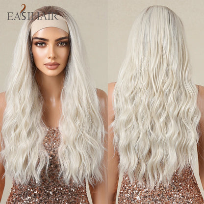 Long Headband Synthetic Wigs Natural Wavy Brown Highlight Headband Hair Wigs for Women Heat Resistant Cosplay Party Fake Hair