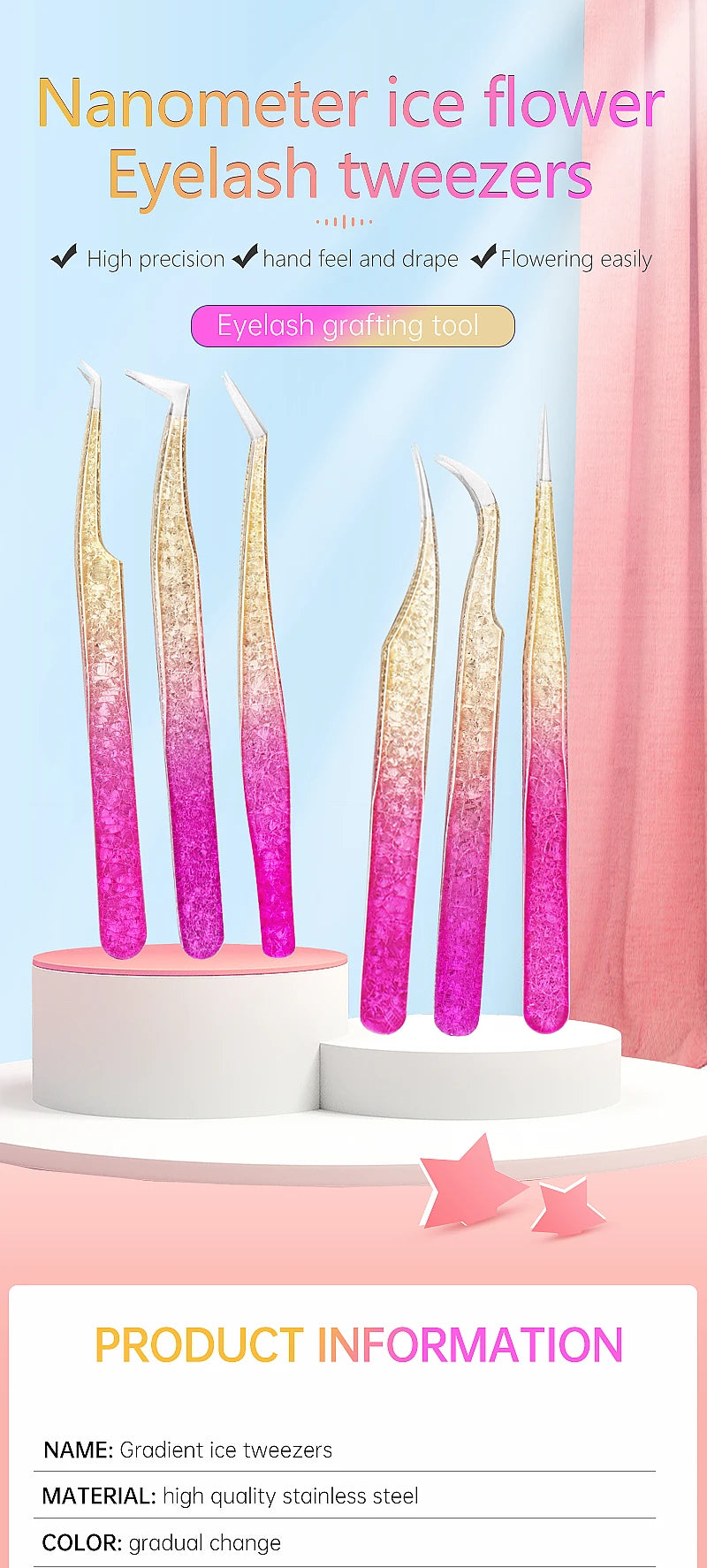 1 Pc Eyebrow Tweezers for Lashes Artists Ice Flower Anti-Static Stainless Steel Eyelash Extension Makeup Tweezer Tools