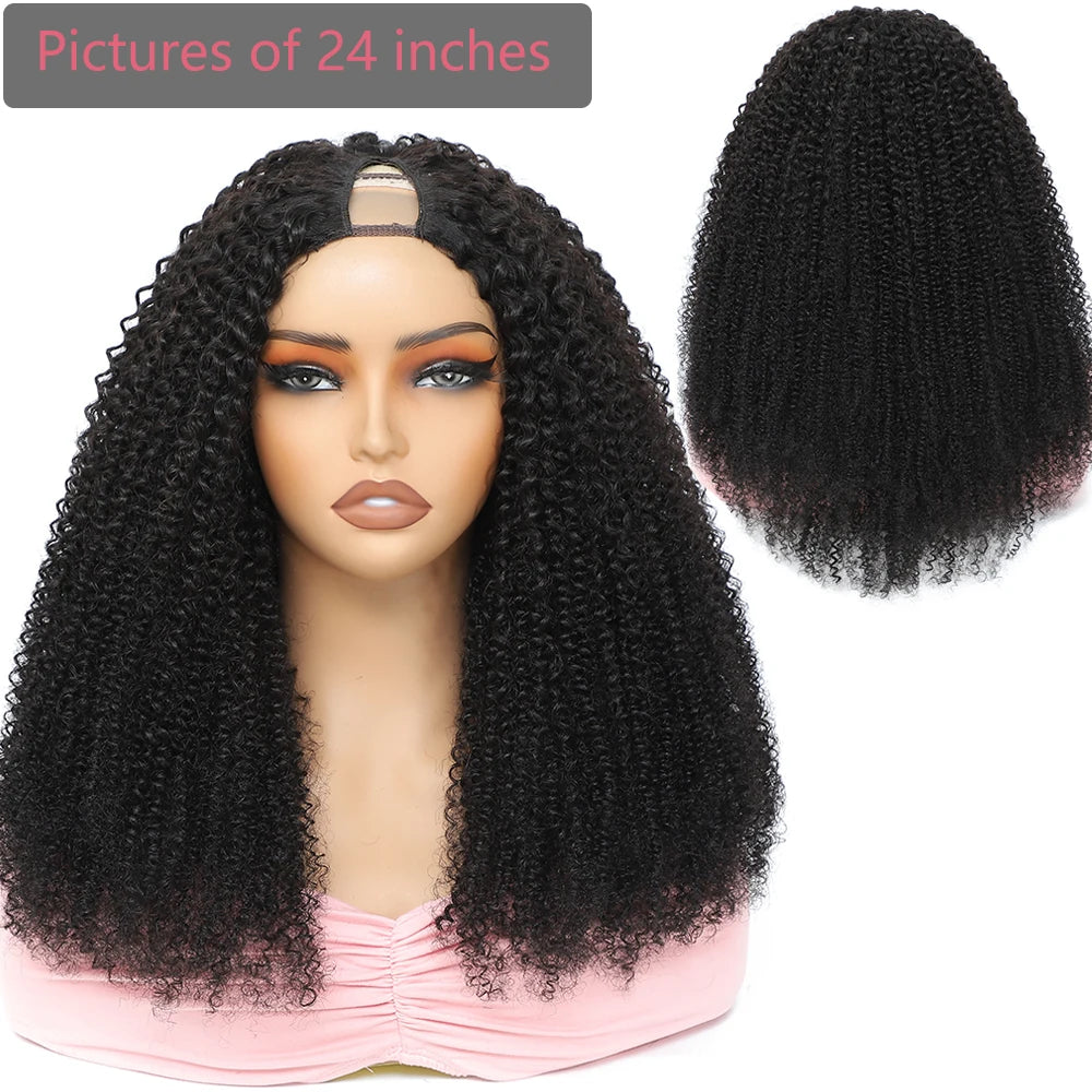 Mongolian Afro Kinky Curly Human Hair V Part Wig Natural Black 180 200 Density For Black Women Machine Made Remy Hair V-part