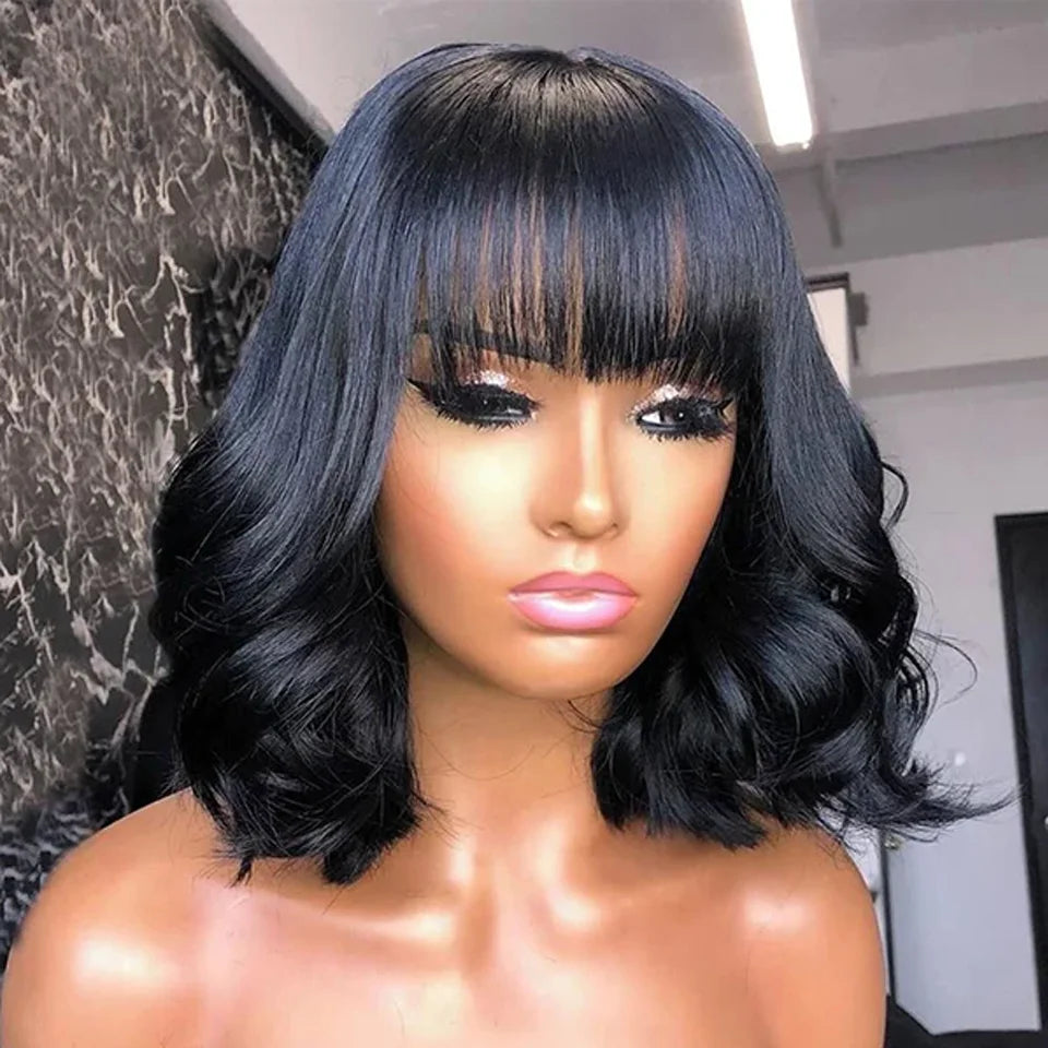 Natural Wavy Human Hair Wigs with Bangs Loose Wave Curly Wigs for Women None Lace Front Wigs Brazilian Remy Human Hair for Daily