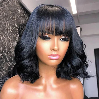 Natural Wavy Human Hair Wigs with Bangs Loose Wave Curly Wigs for Women None Lace Front Wigs Brazilian Remy Human Hair for Daily