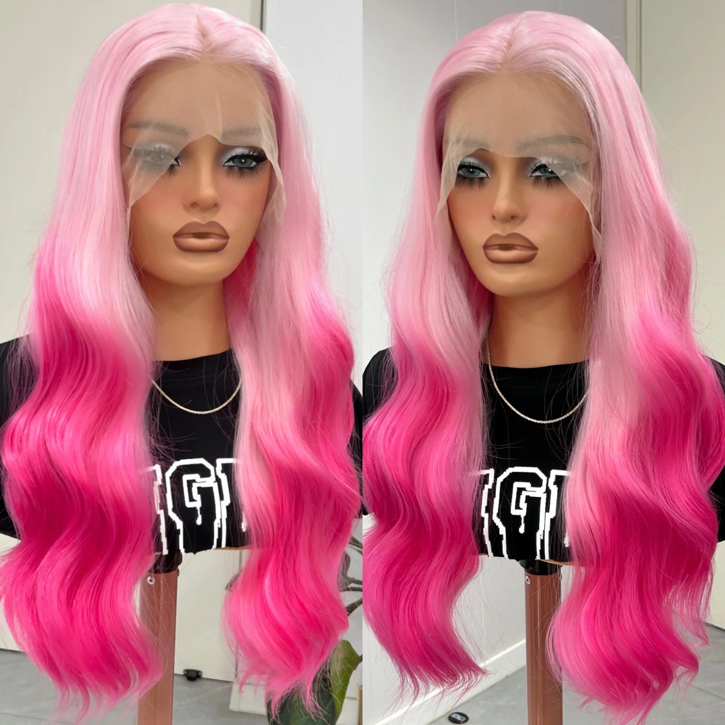 Long Wavy Ombre Pink Syntheitc Lace Front Wigs for Women Middle Part 13X4 Body Wave Light Pink Roots Pre Plucked Glueless Hair