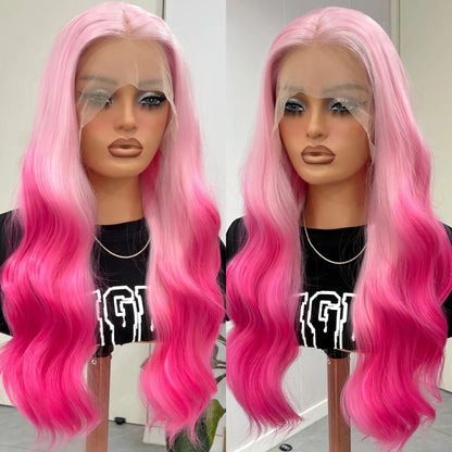 Long Wavy Ombre Pink Syntheitc Lace Front Wigs for Women Middle Part 13X4 Body Wave Light Pink Roots Pre Plucked Glueless Hair