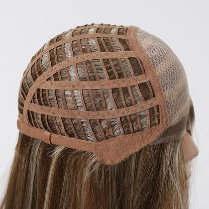 MONO Lace Frontal Synthetic Wigs Light Brown Blonde Hair Middle Length Straight Layered Wigs for White Women Daily 16inches Hair