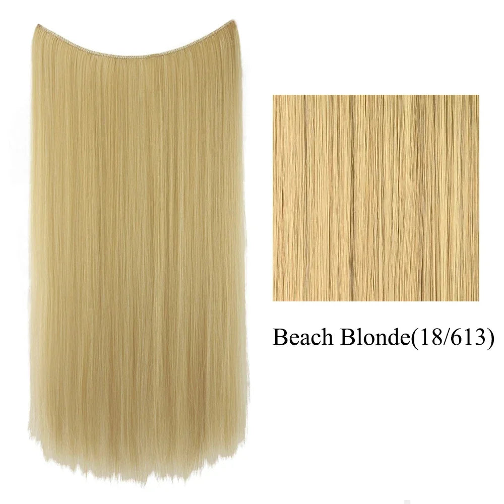 22'' 26'' Long Straight Blonde Synthetic Halo Hair Extensions Fish Line Invisible Hairpiece Extension Fake Hair for Girls