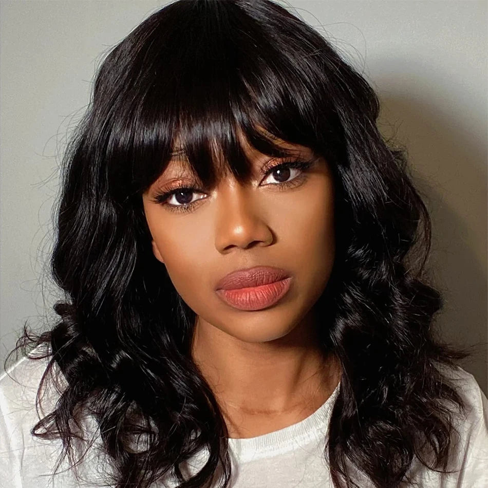 Natural Wavy Human Hair Wigs with Bangs Loose Wave Curly Wigs for Women None Lace Front Wigs Brazilian Remy Human Hair for Daily
