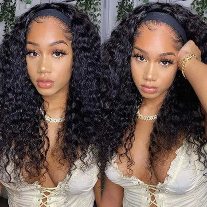 Headband Wig 100% Brazilian Human Hair Curly Wigs Easy To Install Water Wave Real Human Hair Wigs 180% Density
