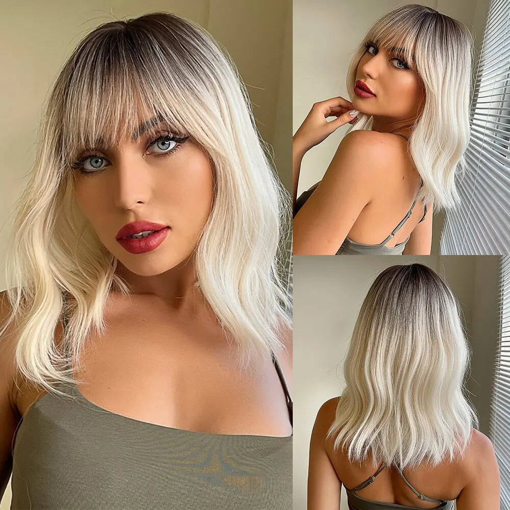 Women Grey Wavy Bob Wigs with Bangs Short Blonde Ombre Synthetic Wig With with Dark Roots Natural Hair for Daily Use