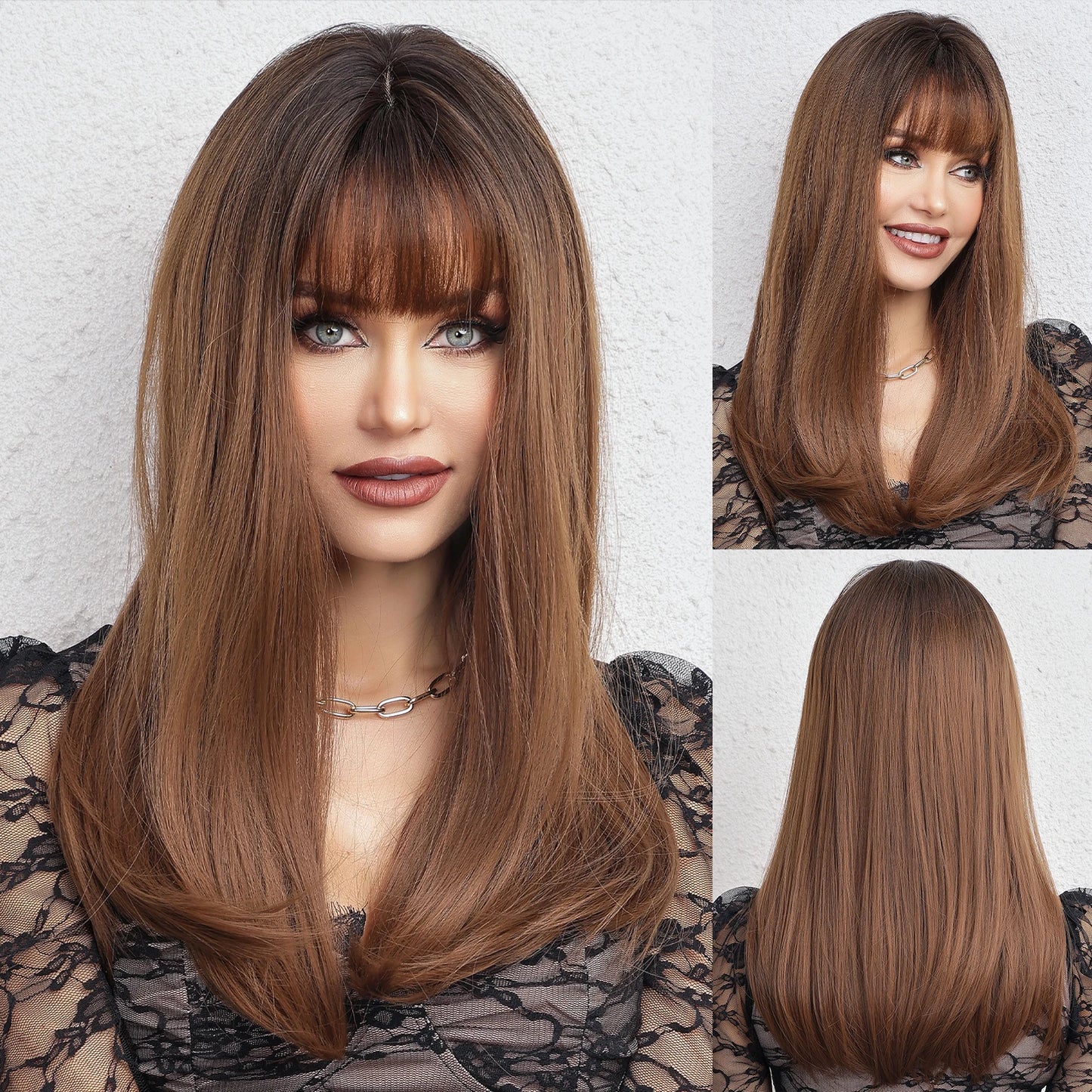 Straight Synthetic Wigs Brown Copper Blonde Mixed Middle Length Wigs with Bangs Blunt Cut Hair for Women Daily Heat Resistant