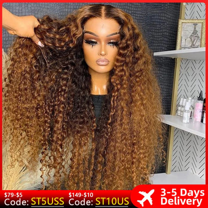 13x4 Hd Front Highlight Wig Brazilian Human Hair Curly Wigs Ombre Honey Blonde Colored Water Wave 30 Inch Deep Wave Frontal Wig
