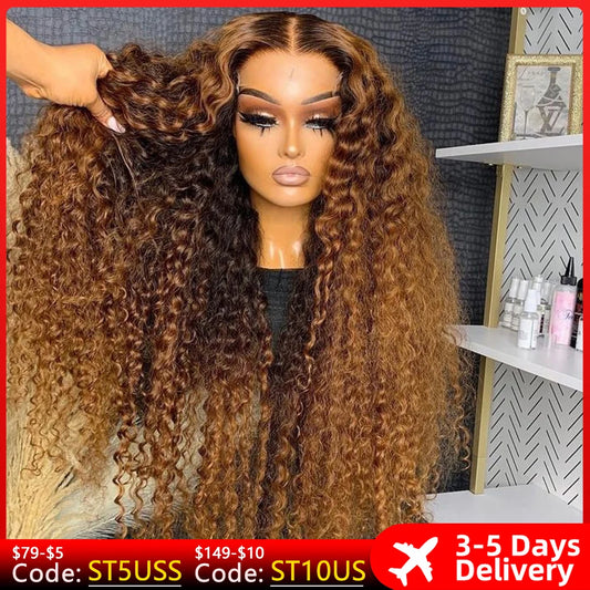 13x4 Hd Front Highlight Wig Brazilian Human Hair Curly Wigs Ombre Honey Blonde Colored Water Wave 30 Inch Deep Wave Frontal Wig