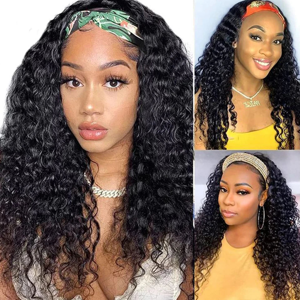 Malaysia Kinky Curly Human Hair Headband Wig For Black Women 180% Density Glueless Remy Jerry Curl Full Machine Made Hair