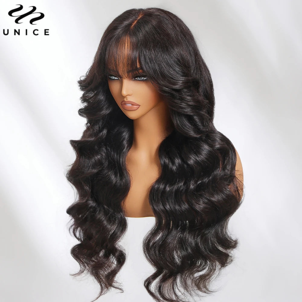 UNICE Hair Fluffy Loose Wave Wig With Curtain Bangs 7x5 Pre Cut Pre Bleached Glueless Wigs Human Hair Ready To Wear 180% Density
