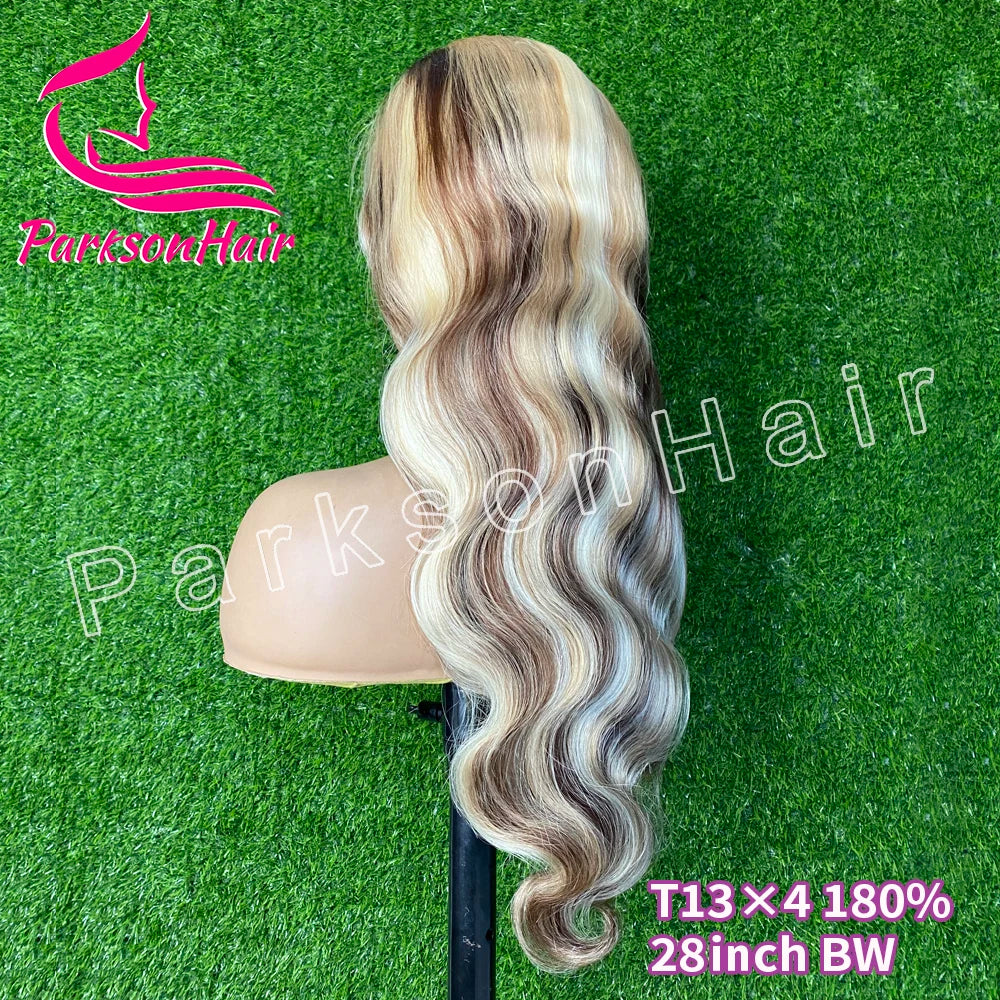 Full Lace Frontal Highlights 613 Brown Blonde Colored 13X4 HD Transparent Lace Front Wigs Body Wave Human Hair Wig For Women