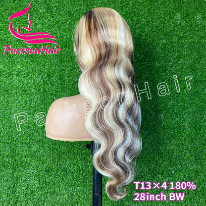Full Lace Frontal Highlights 613 Brown Blonde Colored 13X4 HD Transparent Lace Front Wigs Body Wave Human Hair Wig For Women