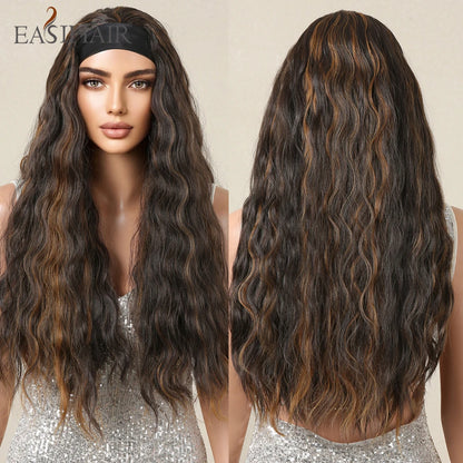 Long Headband Synthetic Wigs Natural Wavy Brown Highlight Headband Hair Wigs for Women Heat Resistant Cosplay Party Fake Hair