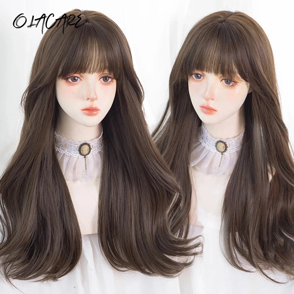 Long Curly Wave Wig with Bangs Blonde Biue Colorful Cosplay Wig for Women Daily Party Natural Soft Synthetic Hair Heat Resistant