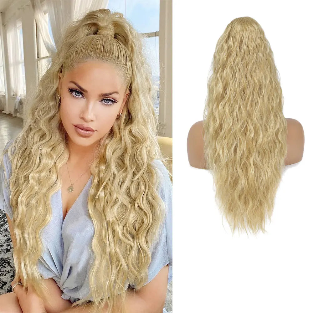 32inch Curly Wavy Ponytail Hair Extension For Women Drawstring Ponytail Hairpieces Synthetic Fake Horse Tail Black
