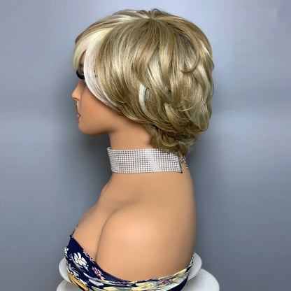 Wavy No Lace Human Hair Wig F8/60# Pixie Cut Wig Short Wig With Bangs Human Hair Wigs For Women Natural Look and Style