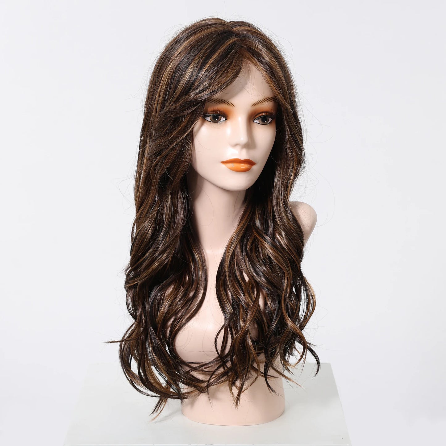 Long Wavy Curly Lace Front Synthetic Wigs for Women Brown With BLonde Highlights MONO Top Wigs Free Part Futura Wigs Glueless