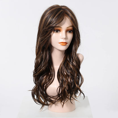 Long Wavy Curly Lace Front Synthetic Wigs for Women Brown With BLonde Highlights MONO Top Wigs Free Part Futura Wigs Glueless