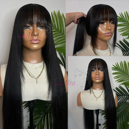 Straight Wig With Bangs Brazilian Wigs 100% Virgin Hair Human Hair Wigs Machine Made 210% Density Wig Human Hair Straight Wig