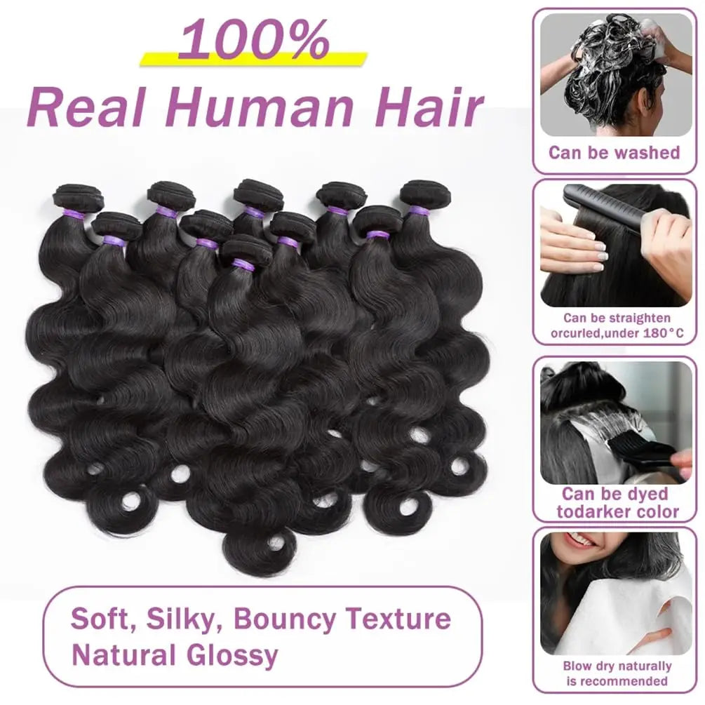 Human Hair Bundles with Closure Body Wave Brazilian Virgin Human Hair Weave 3 Bundles with 4x4 Lace Closure Natural Black Color