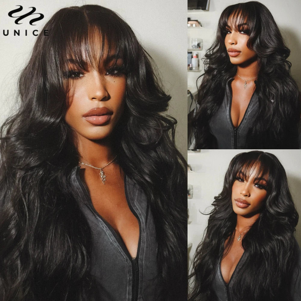 UNICE Hair Fluffy Loose Wave Wig With Curtain Bangs 7x5 Pre Cut Pre Bleached Glueless Wigs Human Hair Ready To Wear 180% Density