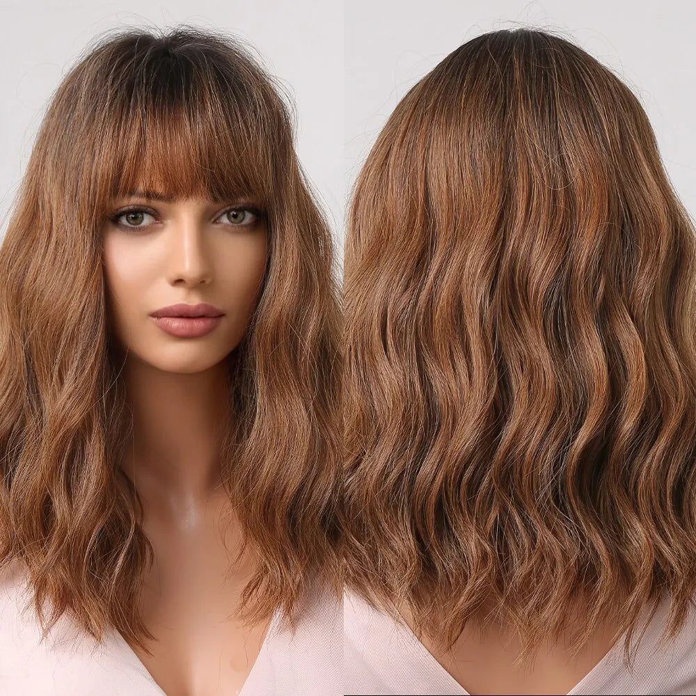 Women Grey Wavy Bob Wigs with Bangs Short Blonde Ombre Synthetic Wig With with Dark Roots Natural Hair for Daily Use