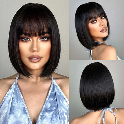 Short Straight Bob Synthetic Wigs Pink Natural Hair Wig with Bangs for Women Cosplay Cute Wig Heat Resistant Fiber