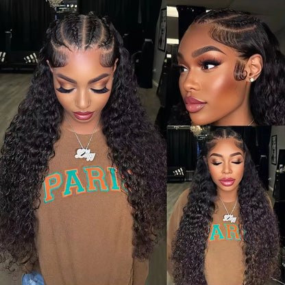 Loose Deep Wave Pre Braided Wigs 13x4 HD Lace Frontal Human Hair Curly Wigs 30 Inch boho braids human hair Water Wave Black Wigs