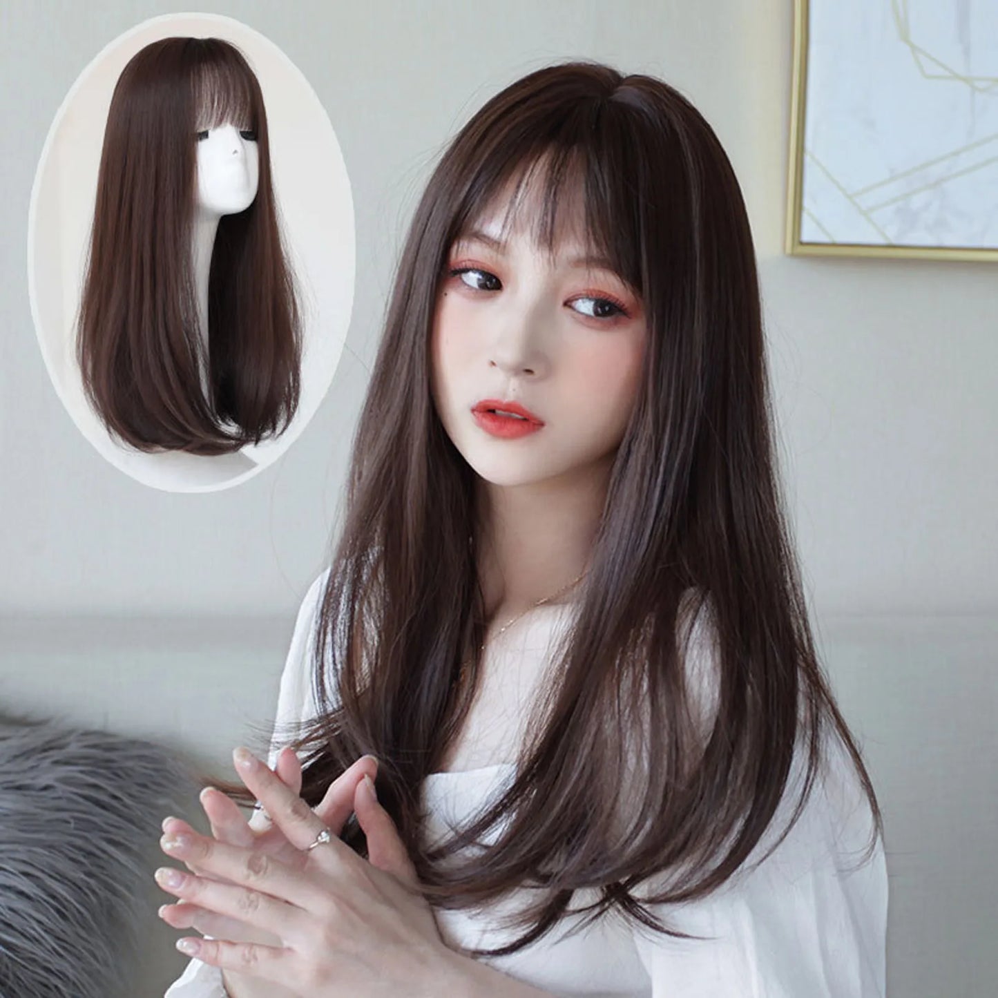 Long Straight Synthetic Wig with Bangs Dark Black Hair Wigs for Women Cosplay Natural Hair Wigs Party Heat Resistant