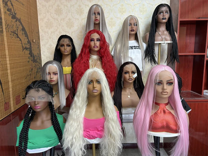 Natural Fringe Bouncy Wavy Synthetic Wig with Bangs White Blonde Icy Dark Roots High Quality Futura Fibre Lace Top Wig Women