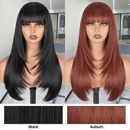 Straight Layered Cut Wigs For Black Women 3X1 HD Lace Synthetic Layered Wigs with Bangs Natural Black Straight Glueless Wigs