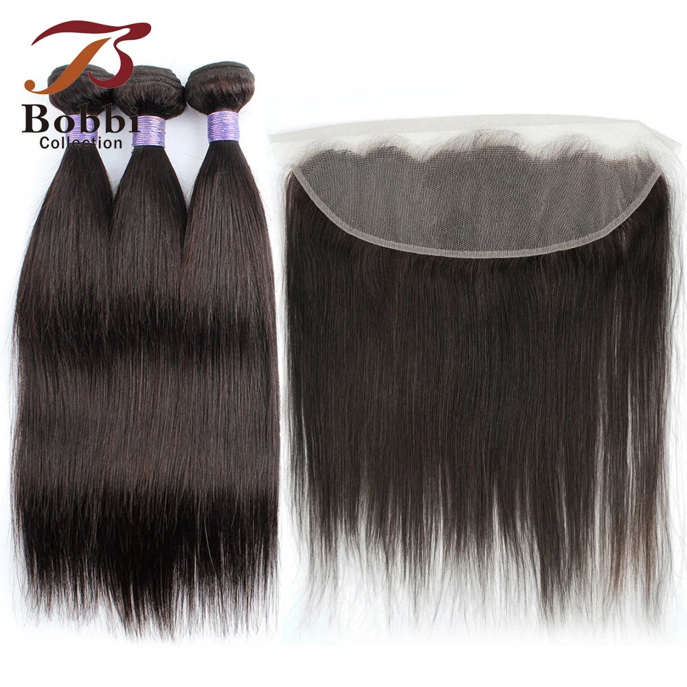 Human Hair Bundles with 13x4 Lace Frontal Closure Straight Pre-Plucked Transparent Lace 60g/pc Black Hair Bundle BOBBI