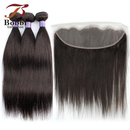 Human Hair Bundles with 13x4 Lace Frontal Closure Straight Pre-Plucked Transparent Lace 60g/pc Black Hair Bundle BOBBI