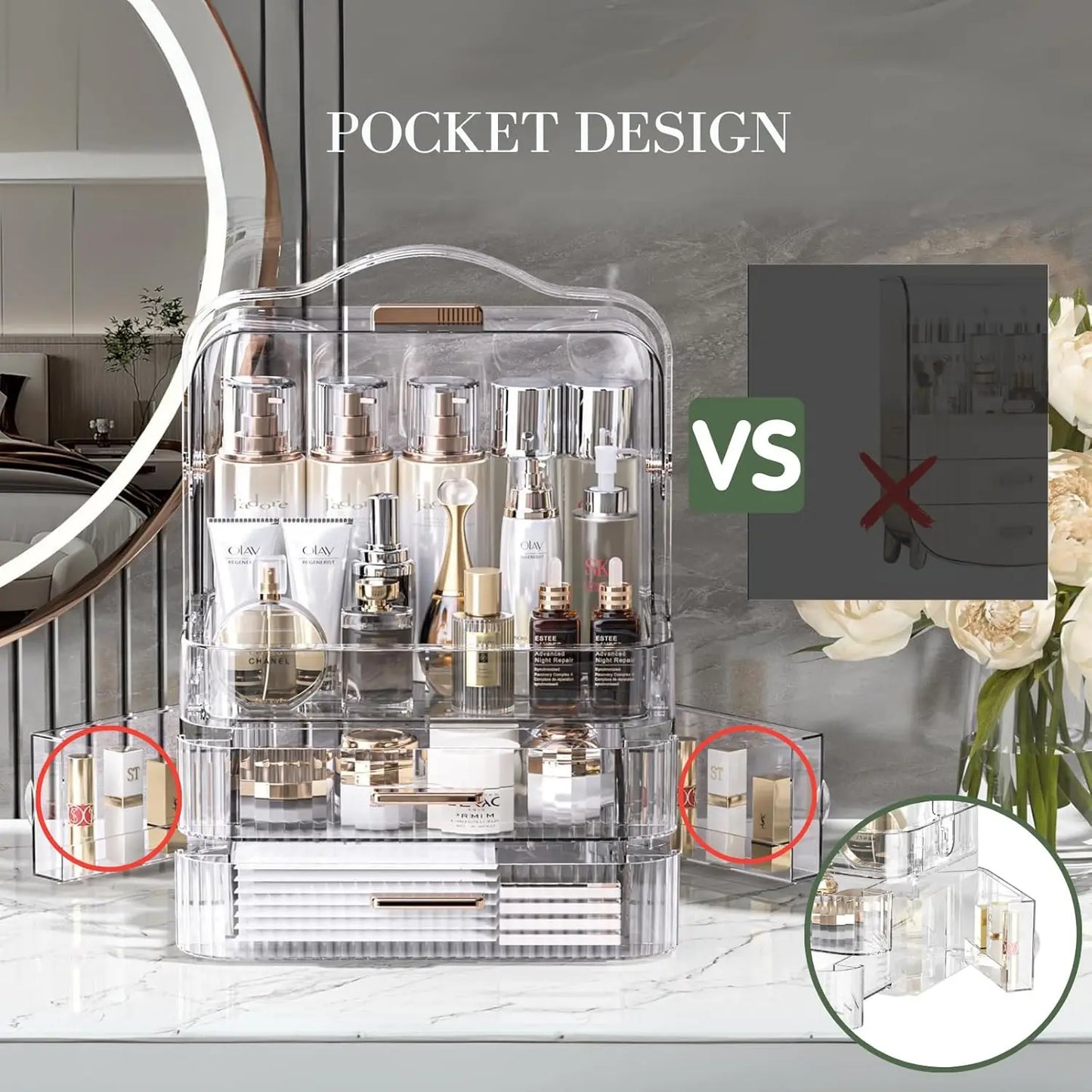 Cosmetics Storage Box With Lid and Handle Large Makeup Organizer Box Drawers for Skincare Display Cases Countertop, Bathroom