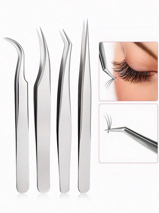 4PCS Eyelash Extensions Tweezers Set  Stainless Steel Tweezers for DIY Lash Extension and Removal Eyebrow Tweezers Nippers Eyela