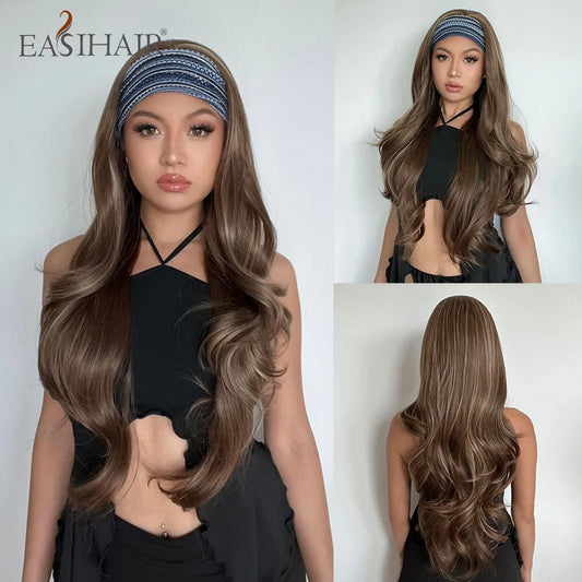 Long Headband Synthetic Wigs Natural Wavy Brown Highlight Headband Hair Wigs for Women Heat Resistant Cosplay Party Fake Hair