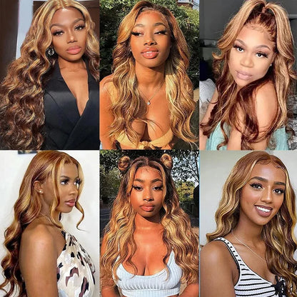 Highlight Body Wave Bundles With Frontal Honey Blonde P4/27 Body Wave Hair Bundles Human Hair Extensions with 13x4 Lace Frontal