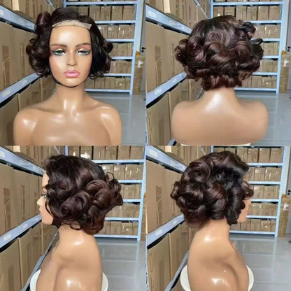 100% Malaysia Hair 300 Density Double Drawn P4 27 Ombre Highlight Bouncy Wave Wear and Go 4x4 Glueless Human Hair Bob Curly Wigs