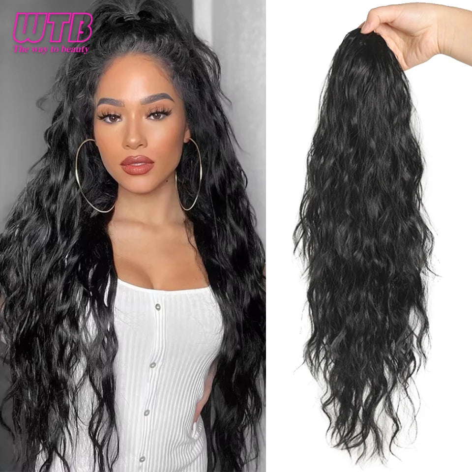 Synthetic Ponytail Extension 26 Inch Extra Long Drawstring Wavy Curly Ponytails Black Brown Fake Hair piece for Women