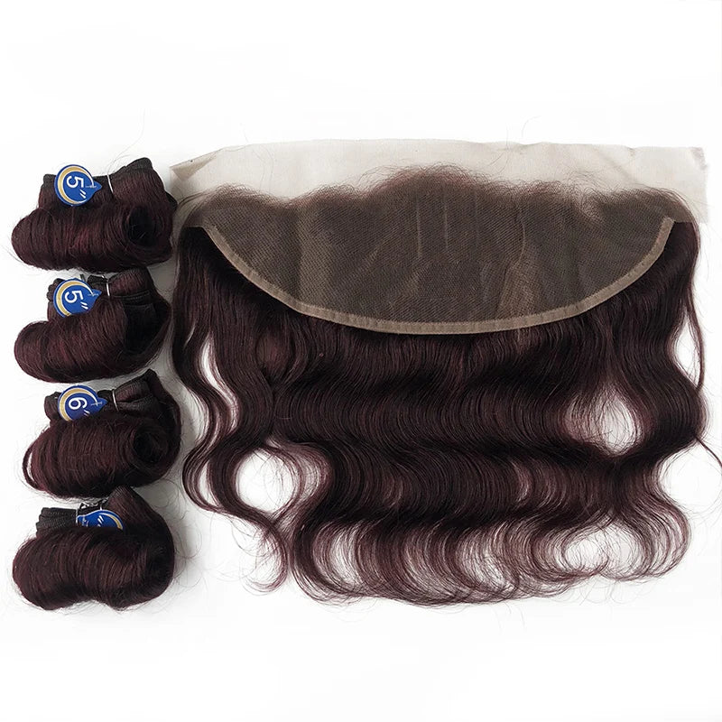Human Hair Bundles with Body Wave Frontal Ombre Brazilian Curly Weaving Bundles with Closure Frontal 13x4 HD Transparent Lace