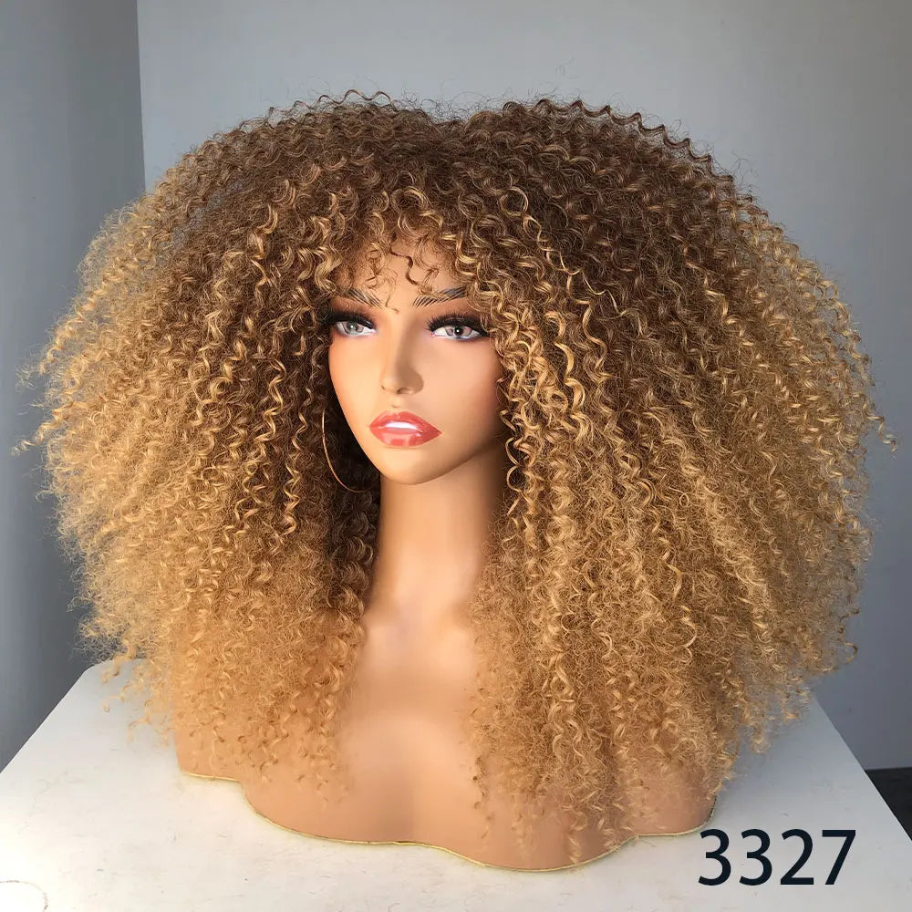Afro Curly Wigs With Bangs For Black Women Burgundy Wig Synthetic Wine Red Hair Ombre Brown Blonde Cosplay Wig