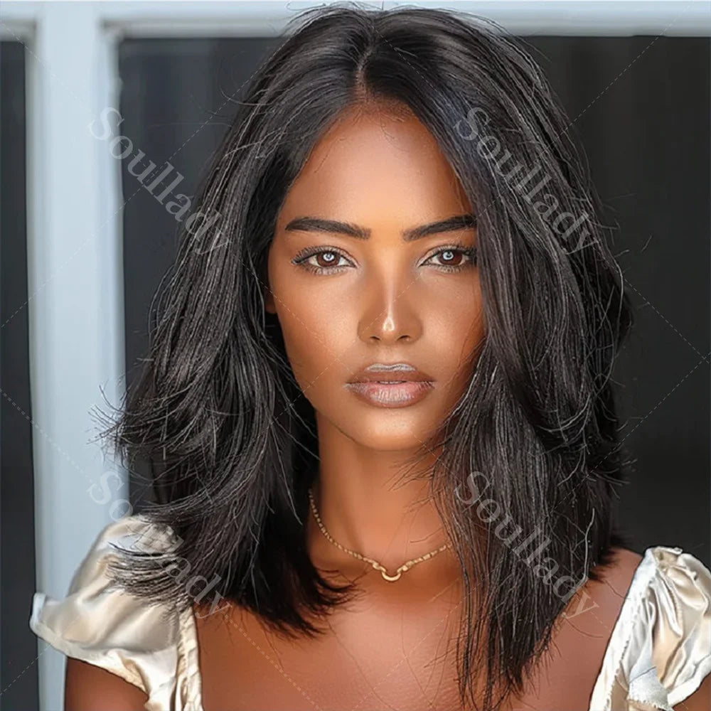 LULUCHIC Full Lace Wigs Silky Straight Lob Dark Salt & Pepper Human Hair Short Bob Part Anywhere High Breathable Cap Wigs