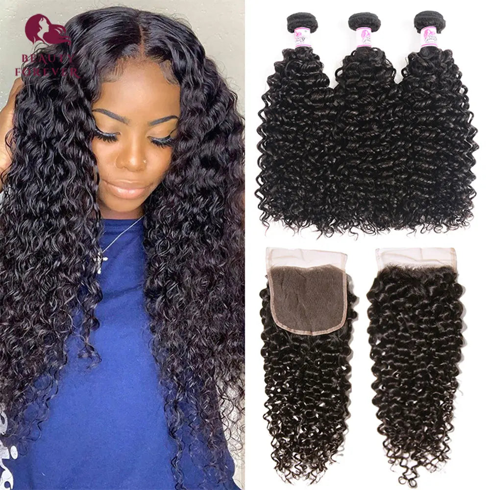Beautyforever Malaysian Curly Human Hair Bundles With Lace Closure 100% Raw Virgin Human Hair Weave 3 Bundles With Lace Closure