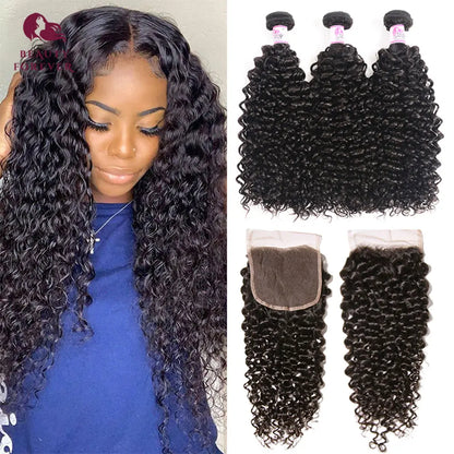 Beautyforever Malaysian Curly Human Hair Bundles With Lace Closure 100% Raw Virgin Human Hair Weave 3 Bundles With Lace Closure