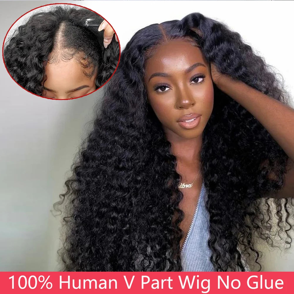 Curly V Part Wig Human Hair 180% V Part Human Hair Wigs for Women Brazilian Remy Water Wave V Part Wig on Sale