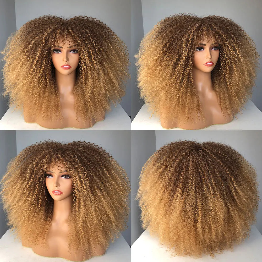 Afro Curly Wigs With Bangs For Black Women Burgundy Wig Synthetic Wine Red Hair Ombre Brown Blonde Cosplay Wig